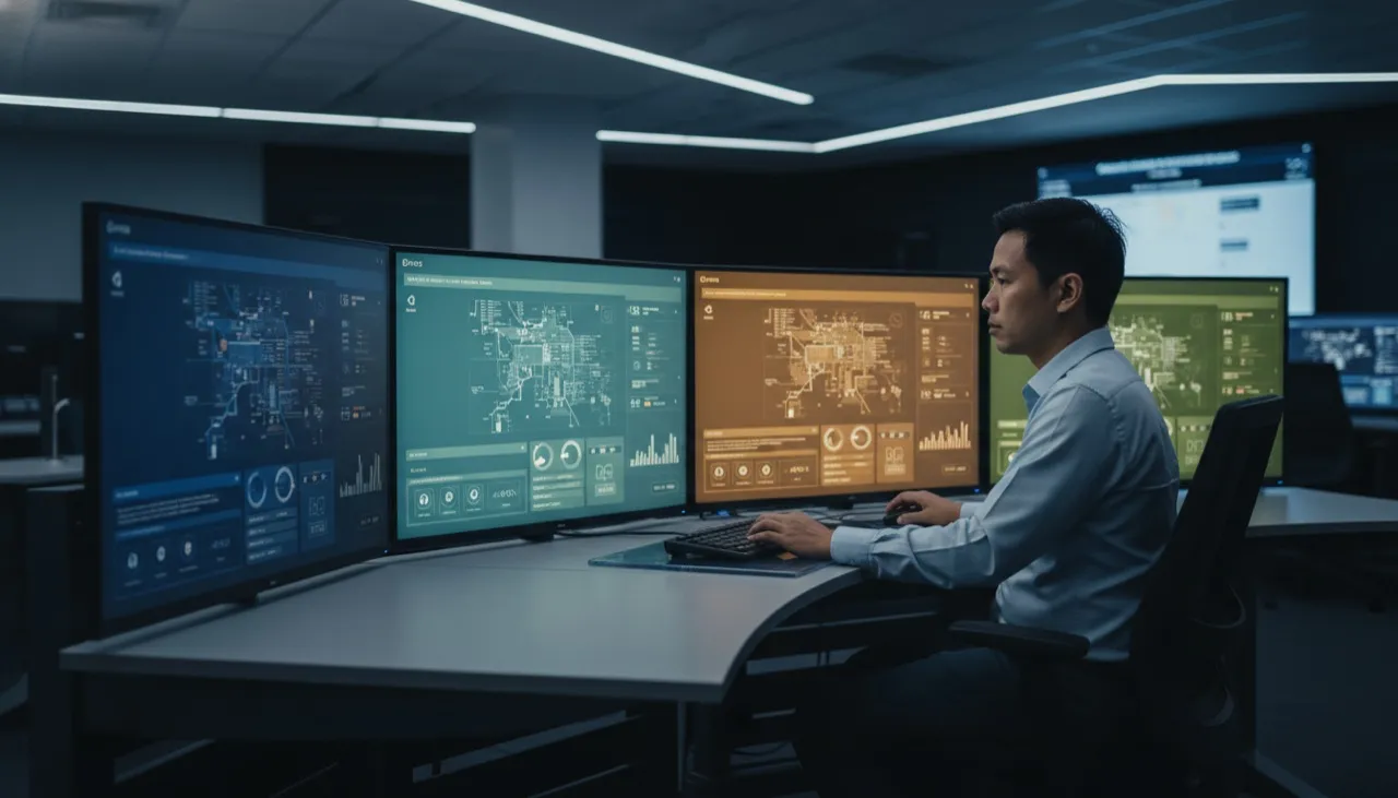 An operations analyst working a multi-division command-centre console