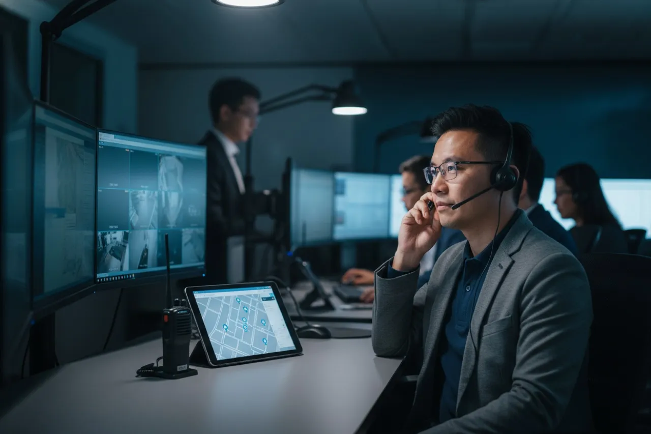 Dispatch analyst with headset and site map at the command centre
