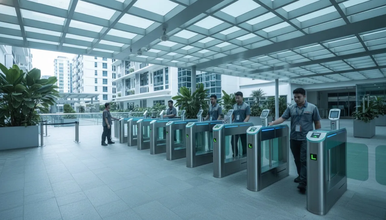 Dormitory entrance plaza with a row of biometric turnstiles