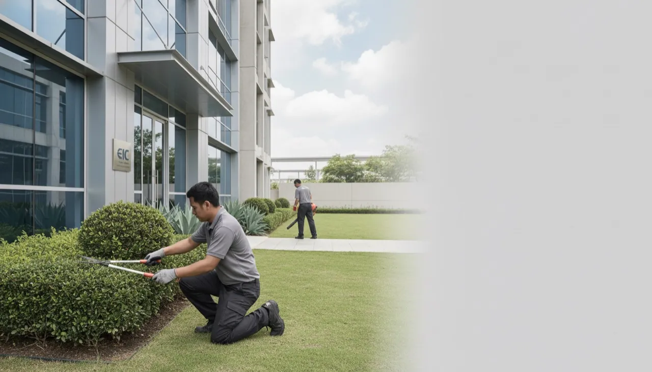 Landscaping team tending greenery at a building exterior