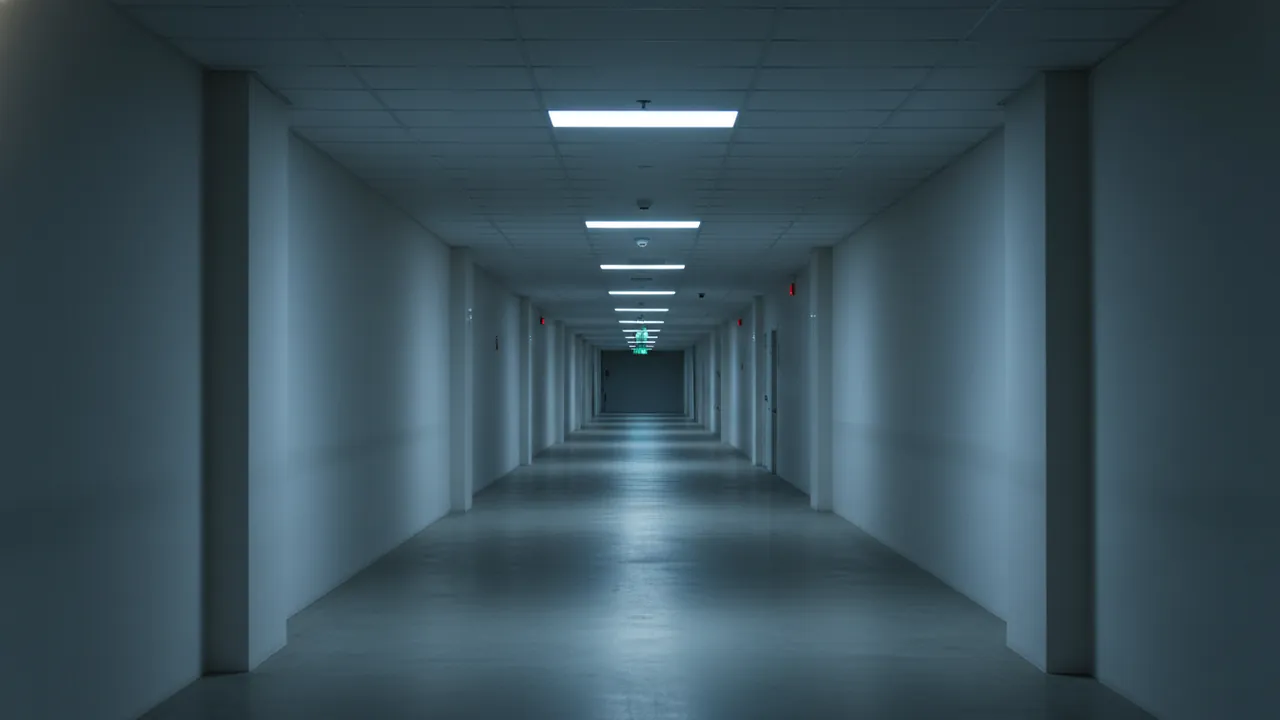 A dormitory corridor with sections of LED ceiling lighting dimmed and bright in a deliberate gradient