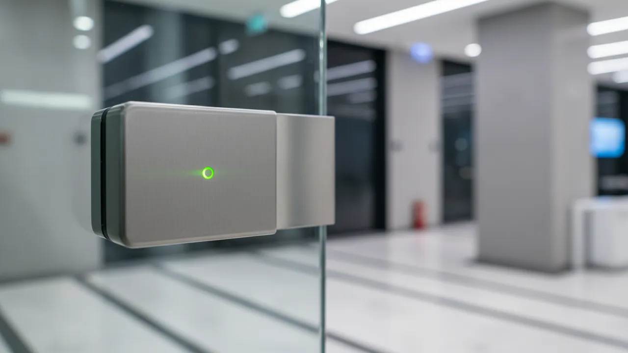 A card reader and electromagnetic lock at a glass door in a Singapore commercial lobby