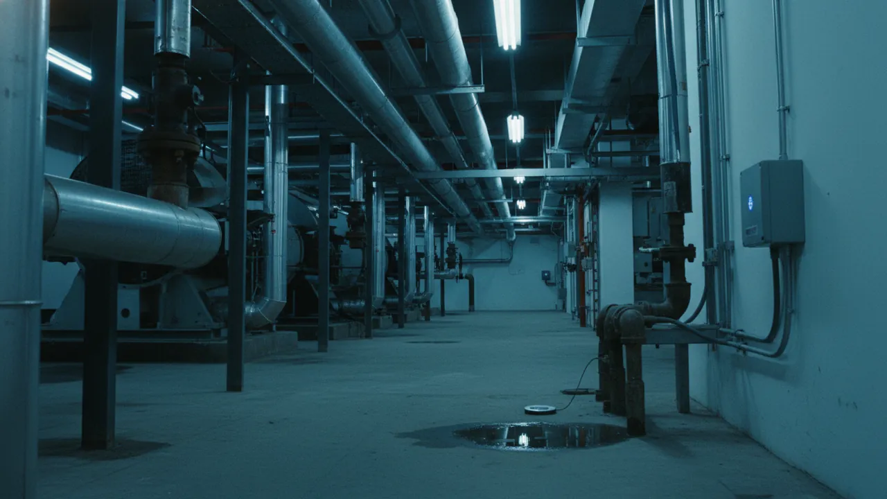 A plant room with industrial pipes, a water-leak detection puck and an environmental sensor on a pipe