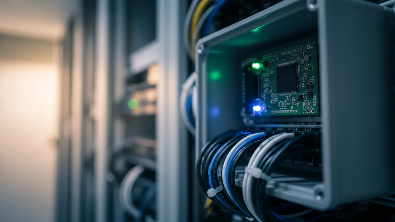 Macro view of an edge-AI processor board in a server cabinet with status LEDs
