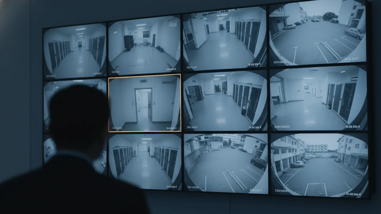 A wall of CCTV tiles in an operations centre with one tile highlighted as an alert