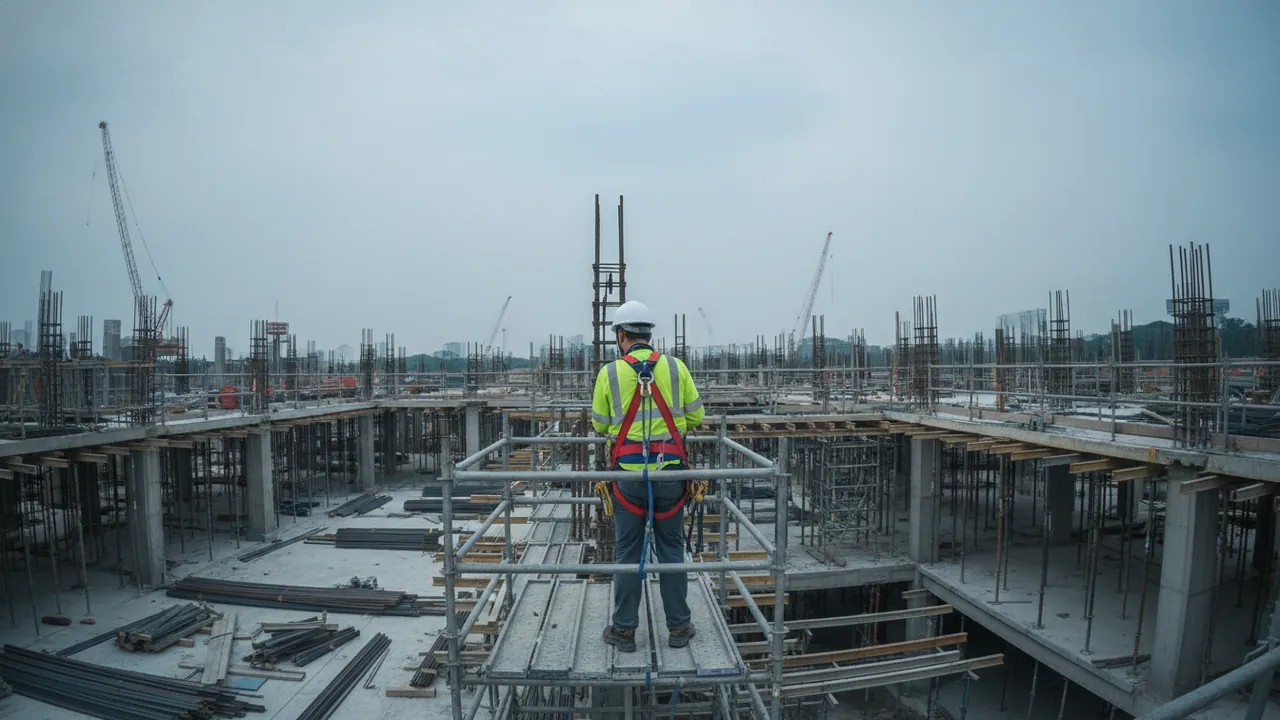 A construction worker on metal scaffolding wearing a hard hat, hi-vis vest and fall-arrest harness