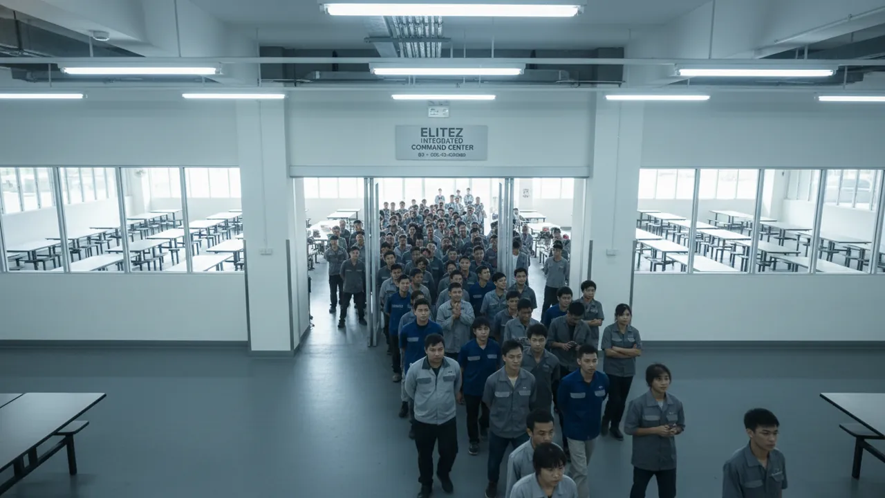 A high-angle view of a queue of workers flowing through a Singapore dormitory canteen entrance