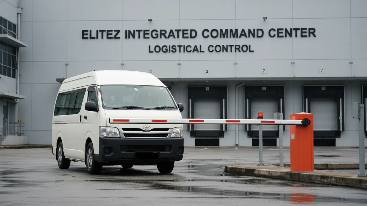 A commercial van approaching a boom barrier at an industrial loading-bay gate