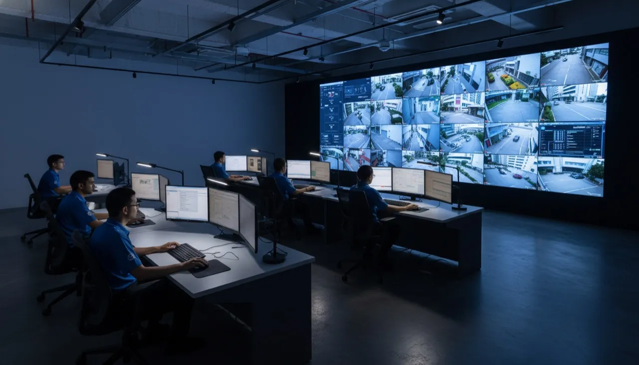 Elitez command-centre operations floor — analysts at workstations facing the LED video wall