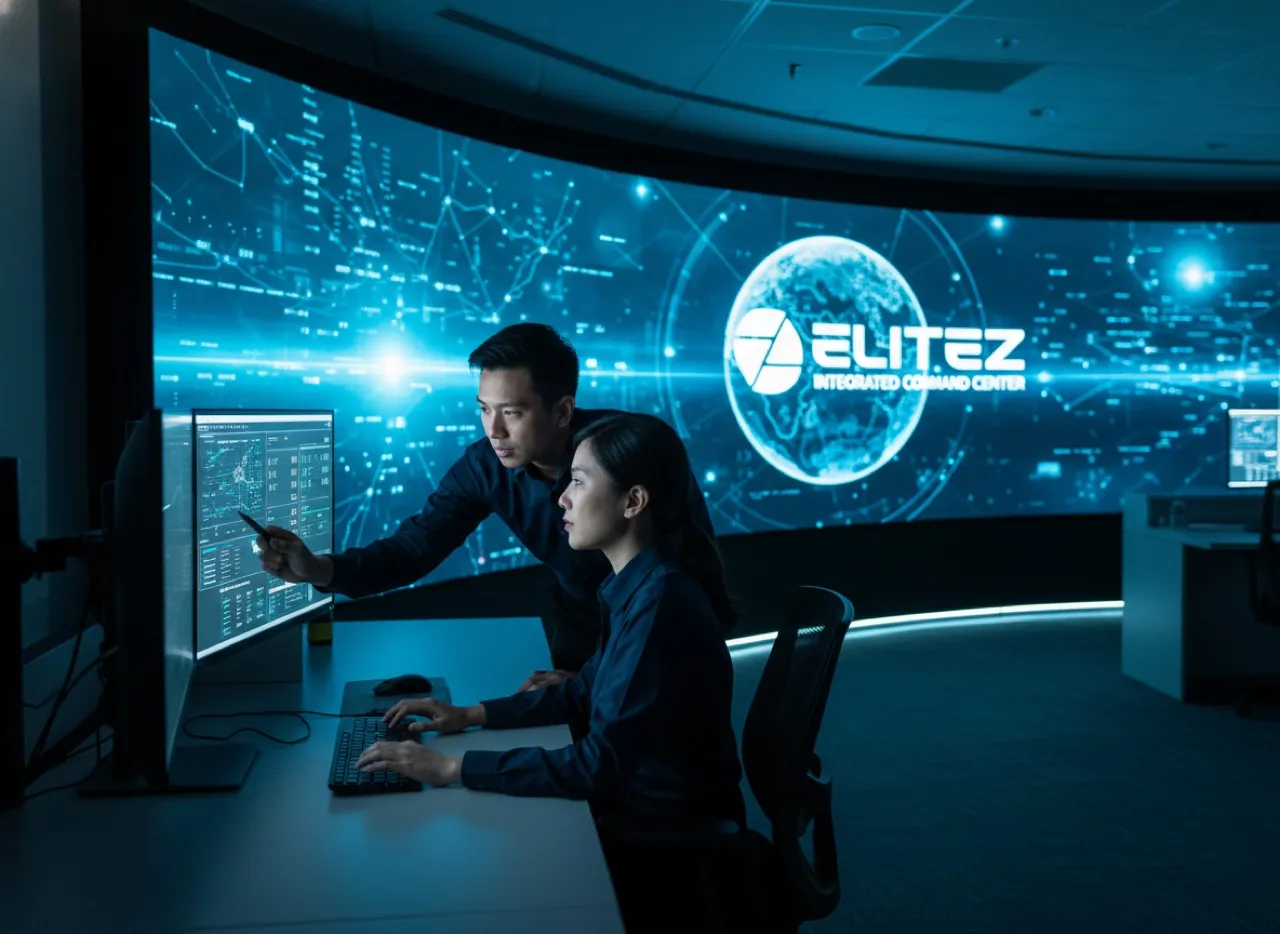 Operations analysts collaborating at a command-centre workstation